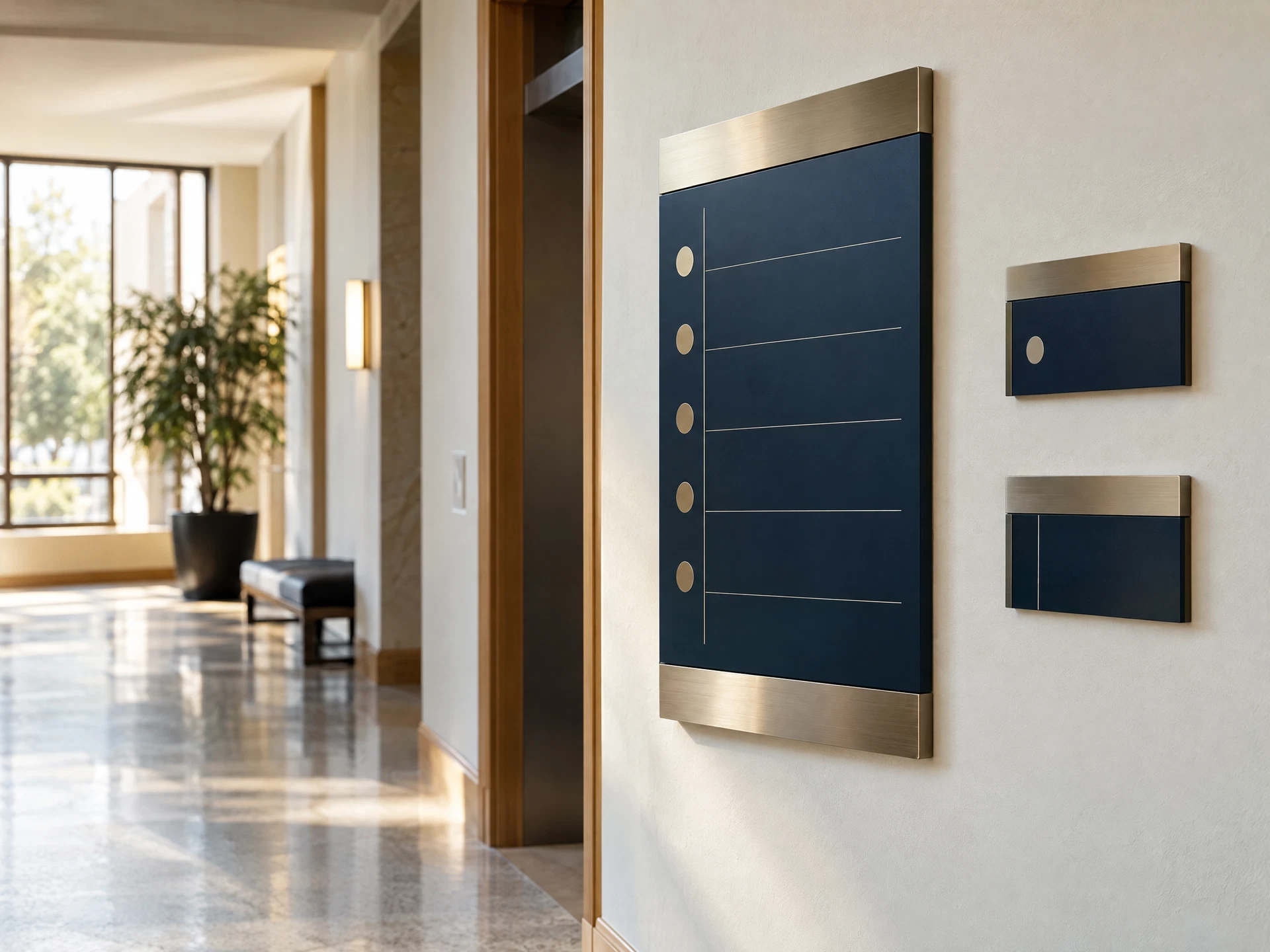 Custom wayfinding and room signage installed along a finished public-building corridor